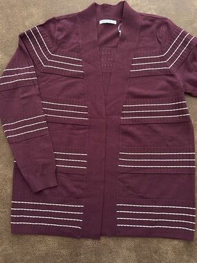 Staccato Burgundy Open-Front Cardigan with Cream Stripes